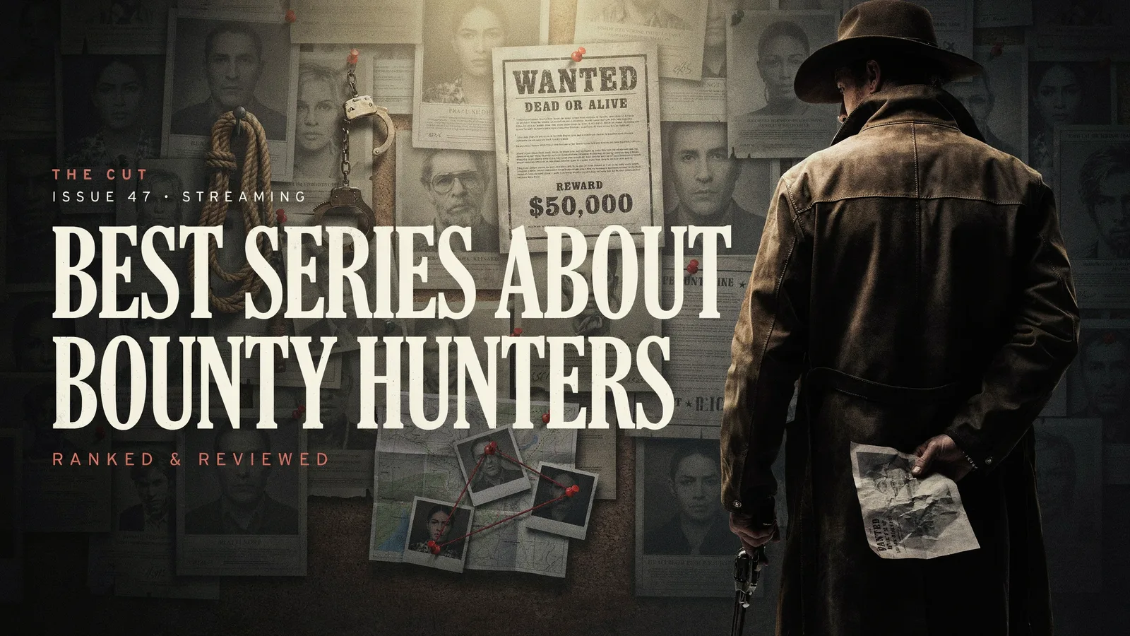 A bounty hunter's silhouette walking away from a wanted poster board in a dusty frontier town, titled Best Series About Bounty Hunters.