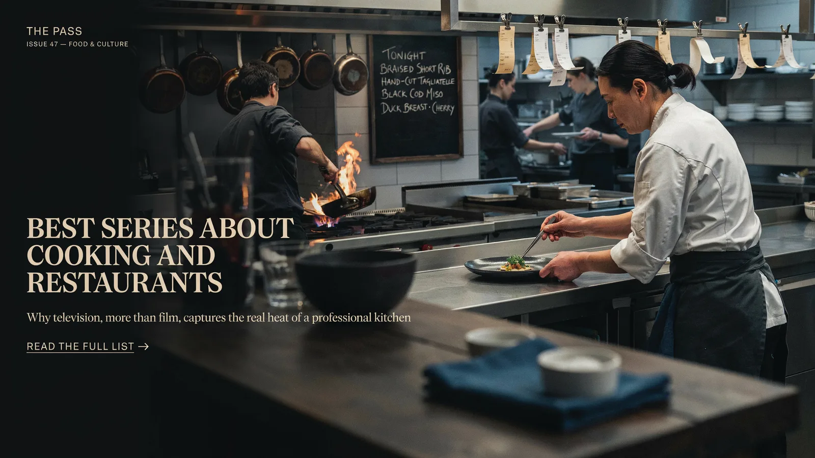 A professional restaurant kitchen with a chef plating a dish beside a lit stove, titled Best Series About Cooking and Restaurants.