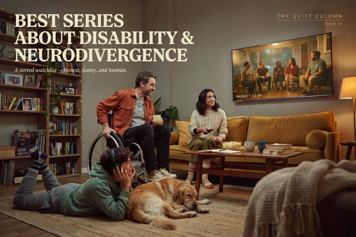 A family including a wheelchair user and a teen wearing headphones watching television together on the couch, titled Best Series About Disability and Neurodivergence.