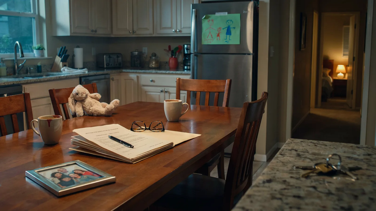Divorce papers, reading glasses, and coffee mugs on a kitchen table beside a child's stuffed rabbit, titled Best Series About Divorce and Custody Battles.