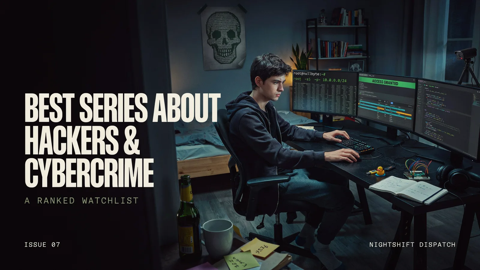 A hacker's dim bedroom with multiple monitors showing an access-granted terminal, titled Best Series About Hackers and Cybercrime.