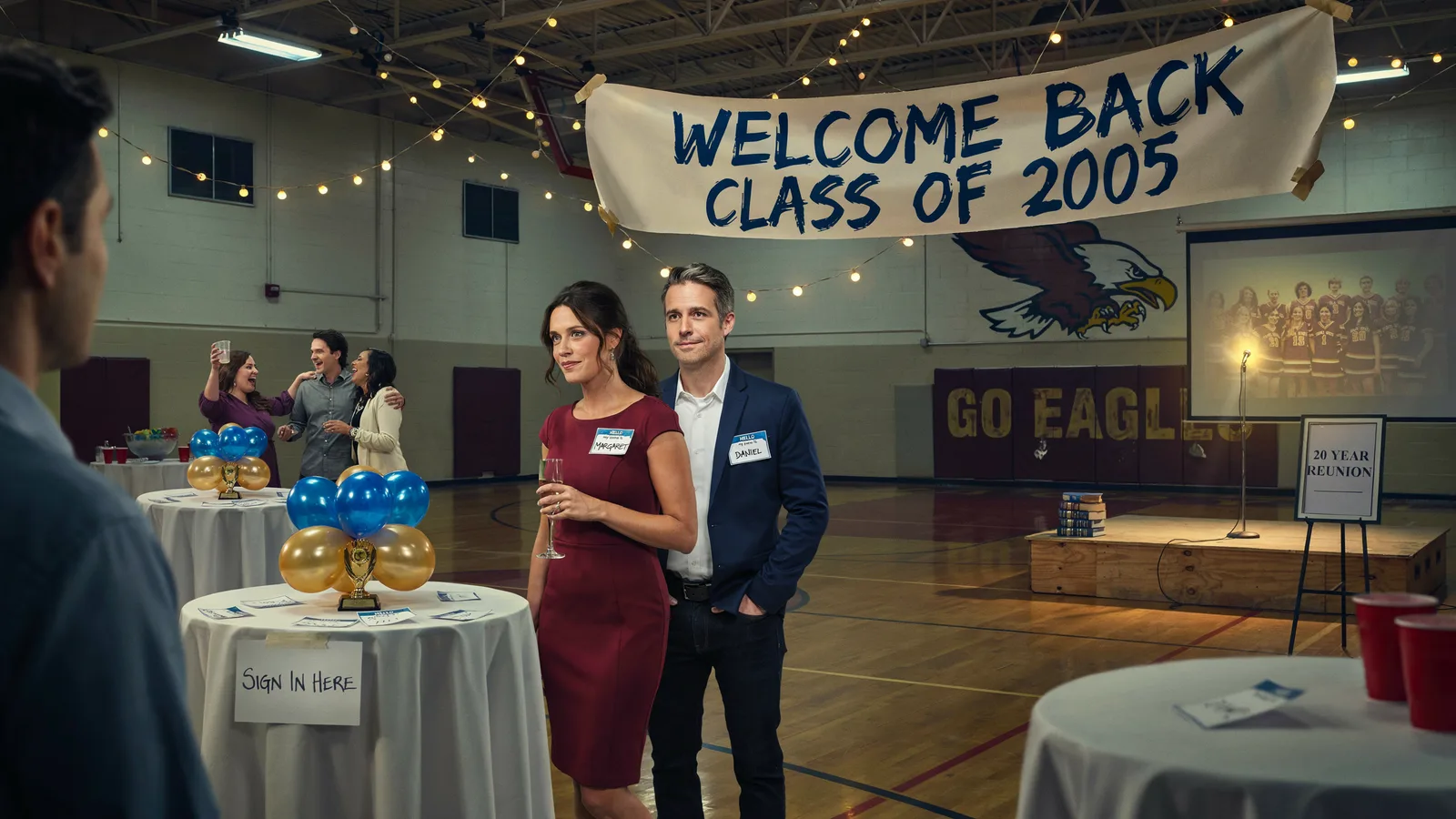 A gymnasium decorated with a Welcome Back Class of 2005 banner and balloons as former classmates reconnect, titled Best Series About High School Reunions.