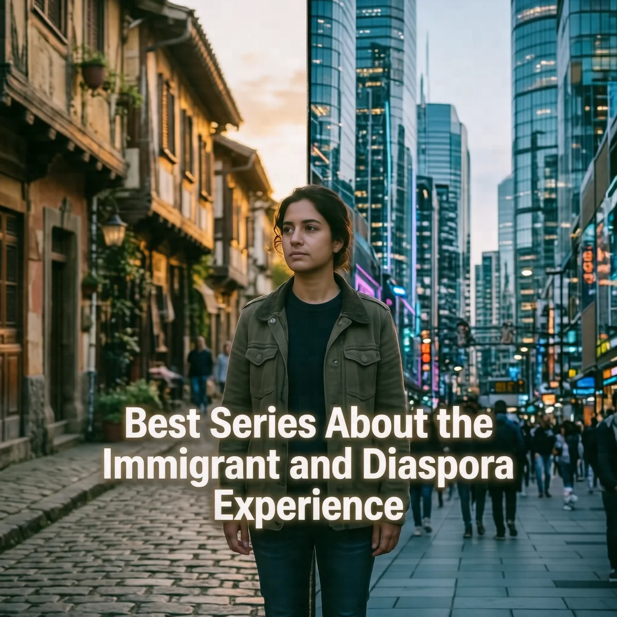 A woman standing between a traditional street and a modern glass skyscraper district, titled Best Series About the Immigrant and Diaspora Experience.