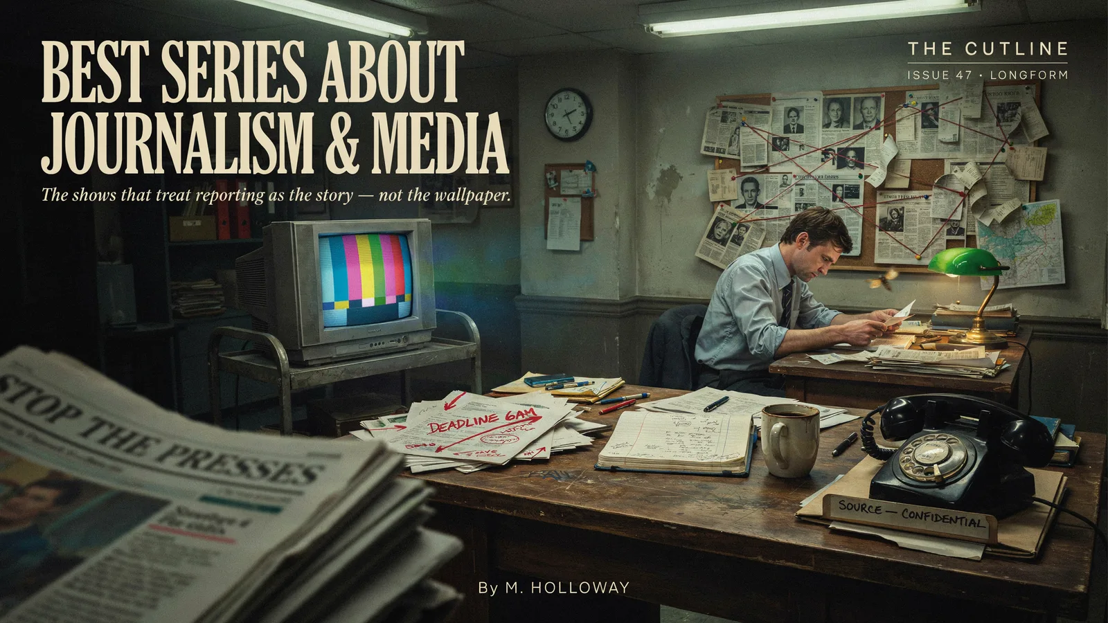 A journalist at a cluttered newsroom desk beneath a corkboard of clipped articles connected with red string, titled Best Series About Journalism and Media.