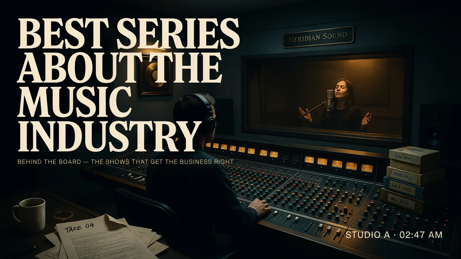 A producer at a mixing console watching a singer perform through the recording studio glass at Meridian Sound, titled Best Series About the Music Industry.