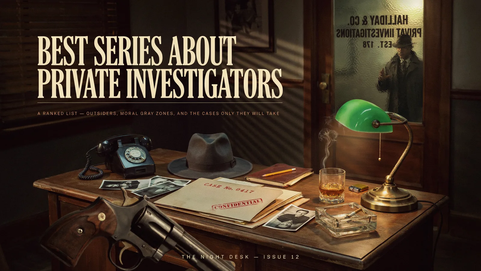 A private investigator's desk with a rotary phone, fedora, revolver, and a case file marked confidential, titled Best Series About Private Investigators.