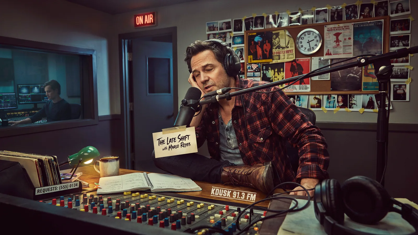 A late-night radio host leaning into a microphone in a dim studio labeled The Late Shift, titled Best Series About Radio Hosts and DJs.