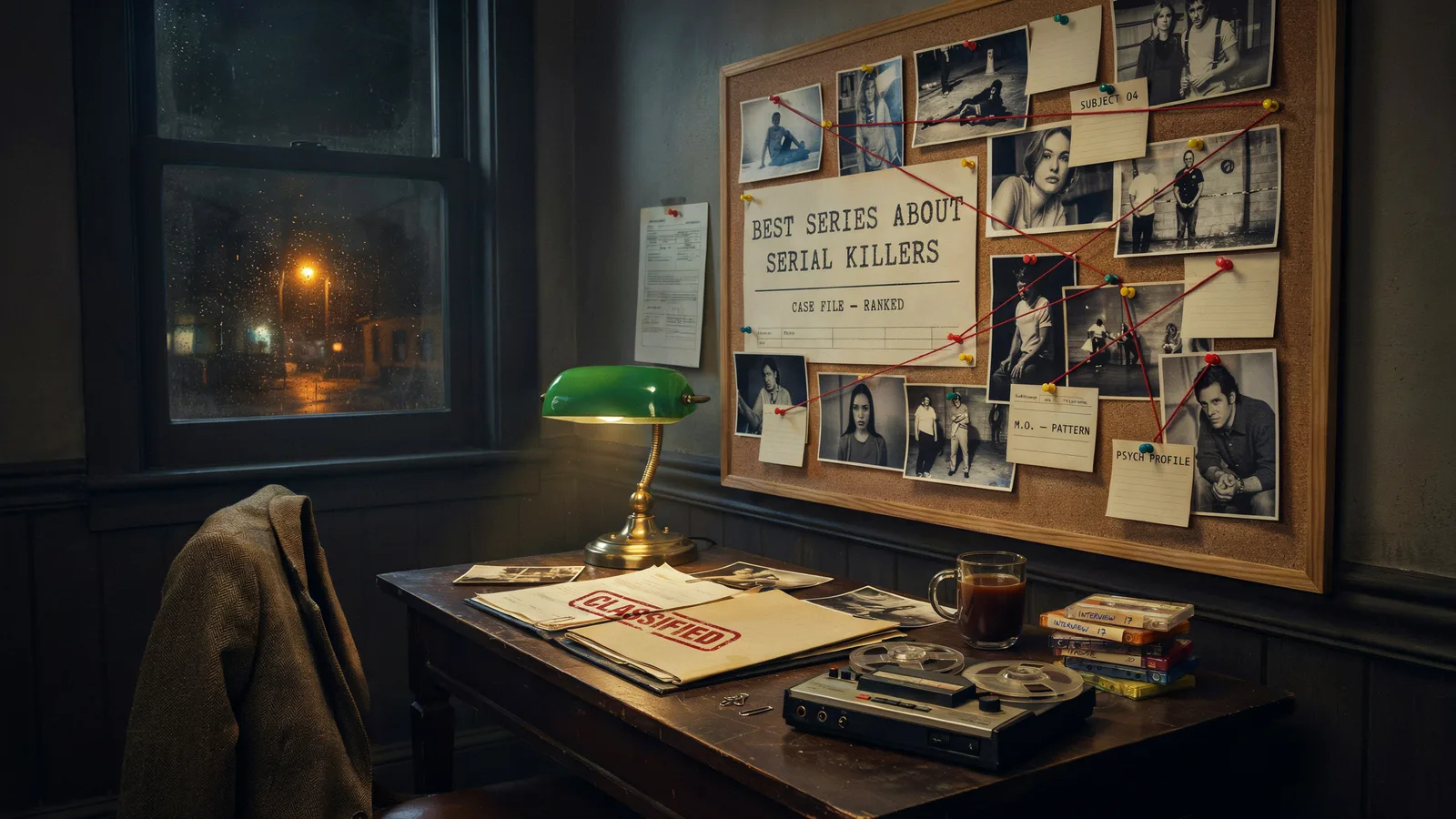 A detective's desk with a green banker's lamp beneath a corkboard case file titled Best Series About Serial Killers, connected by red string.