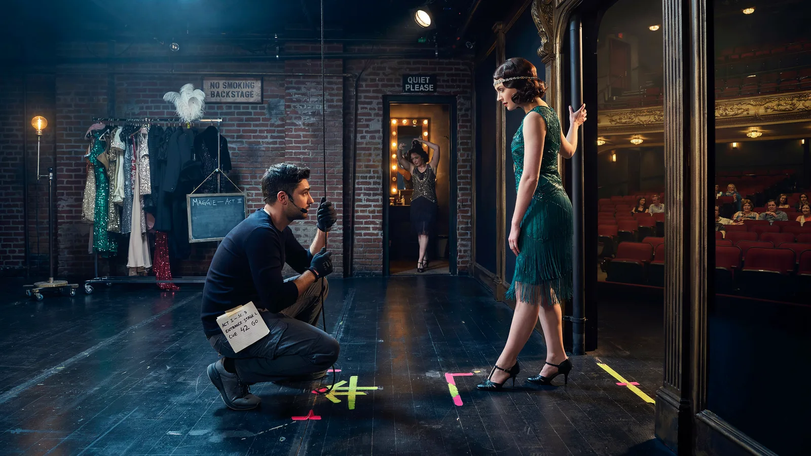 A backstage theater hallway with a costume, satchel and open script on a bench, titled Best Series About Theater and Broadway.