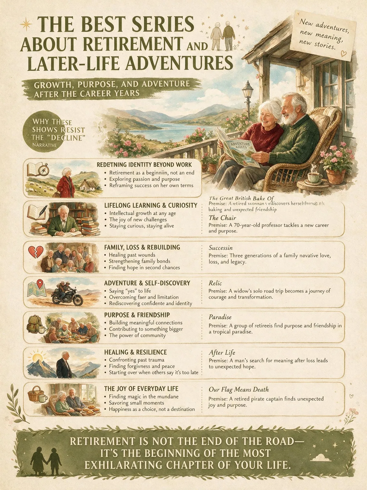 An older couple laughing together on a porch swing at sunset, titled Best Series About Retirement and Later-Life Adventures.