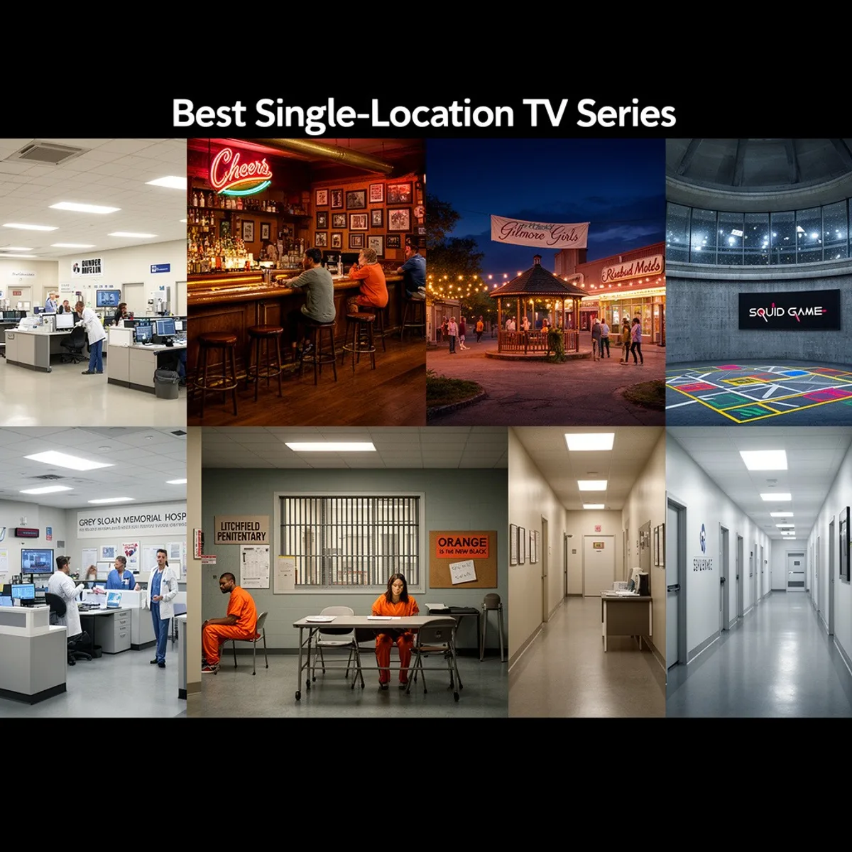 Best Series Set in a Single Location collage featuring The Office, Cheers, Gilmore Girls, Squid Game, Grey's Anatomy, Orange Is the New Black, and Severance.