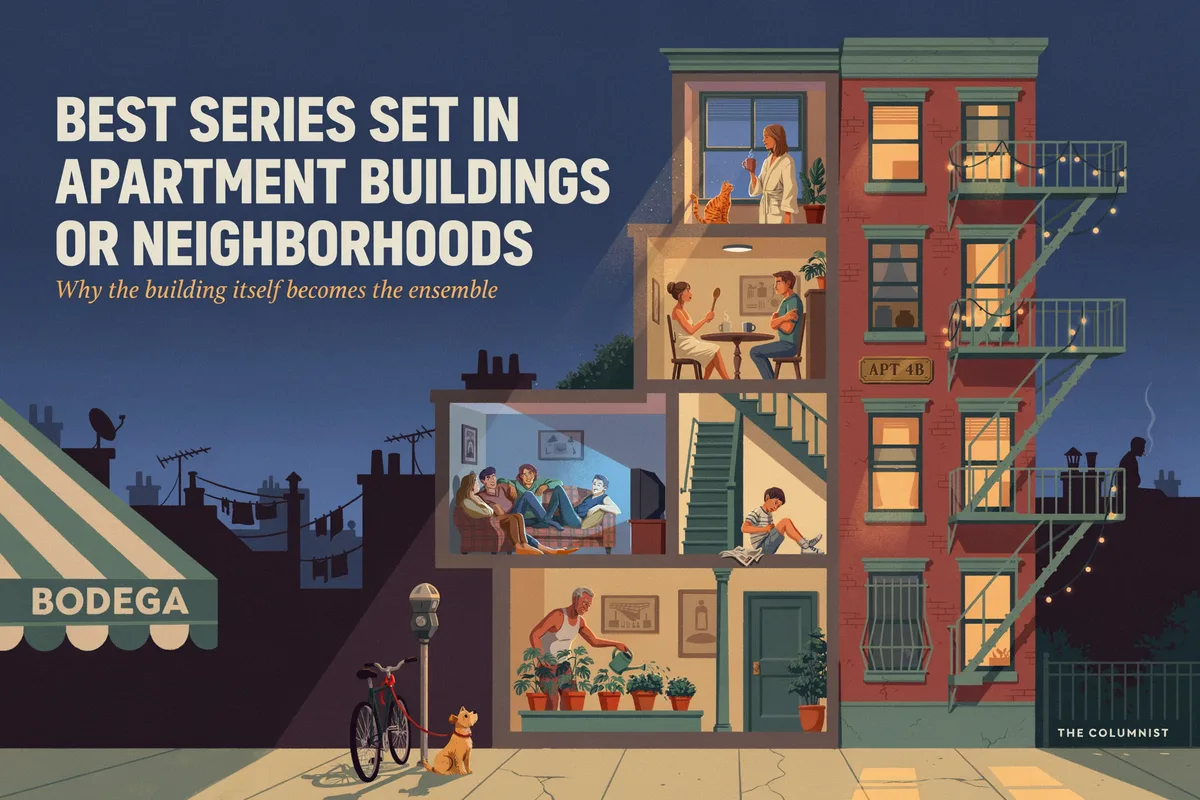 A cutaway illustration of an apartment building at night showing residents in their separate lit apartments, titled Best Series Set in Apartment Buildings or Neighborhoods.