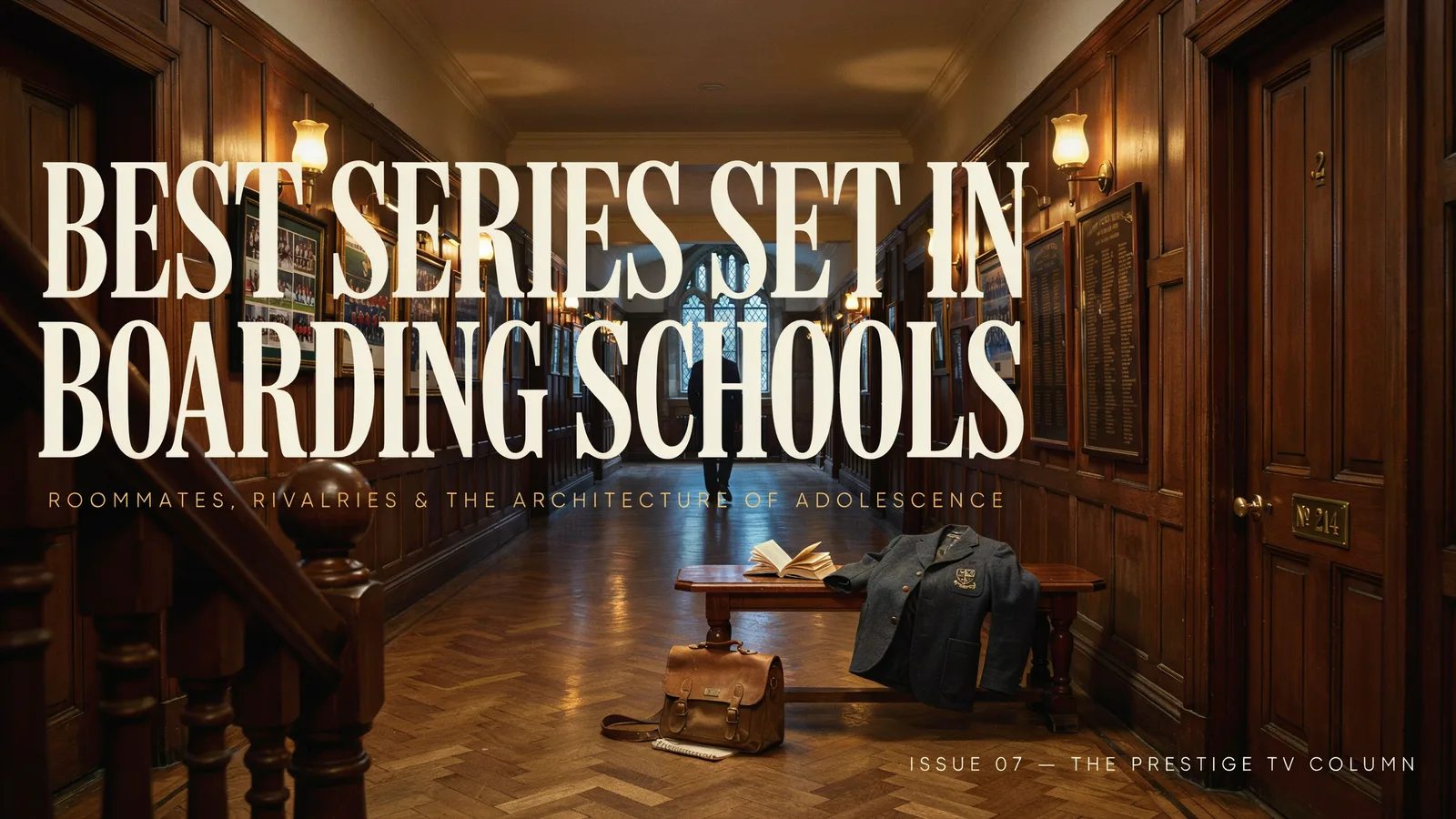 A wood-paneled boarding school hallway with a blazer and satchel on a bench, titled Best Series Set in Boarding Schools.