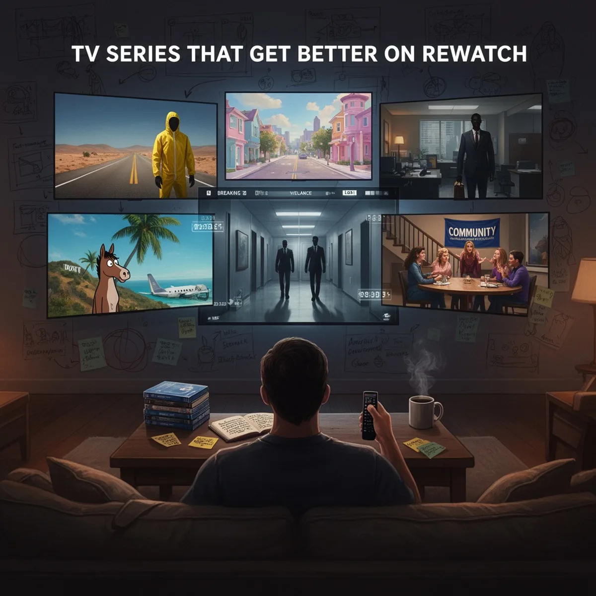 TV Series That Get Better on Rewatch collage featuring Breaking Bad, Lost, Severance, BoJack Horseman, and Community.