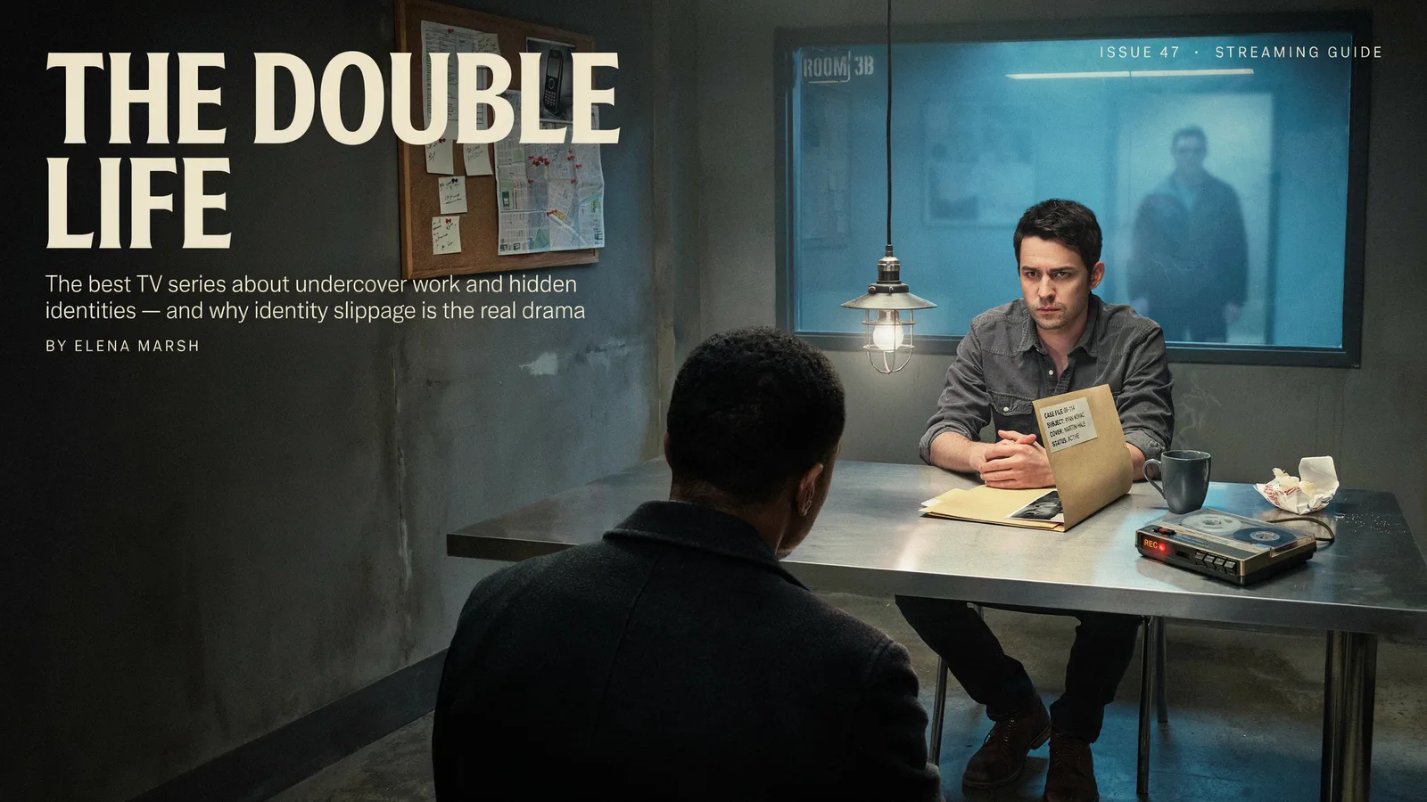 A shadowy figure adjusting a hidden wire beneath a jacket in a dim room, titled Best Series About Undercover Work and Hidden Identities.