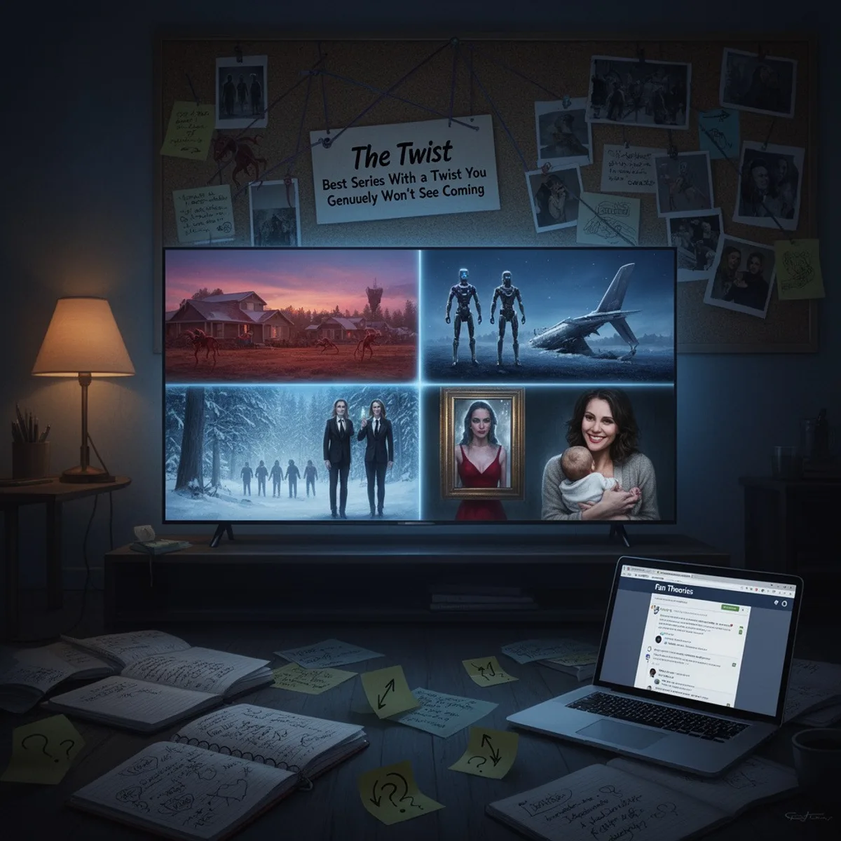 Best Series With a Twist You Genuinely Won't See Coming collage featuring Yellowjackets, Westworld, The Good Place, and Big Little Lies with a fan-theory corkboard.