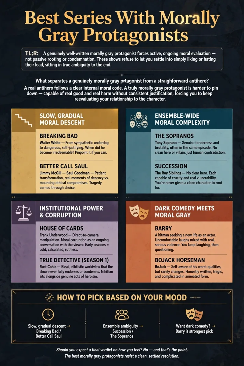 Best Series With Morally Gray Protagonists infographic featuring Breaking Bad, The Sopranos, Succession, House of Cards, True Detective, Better Call Saul, Barry, and BoJack Horseman.