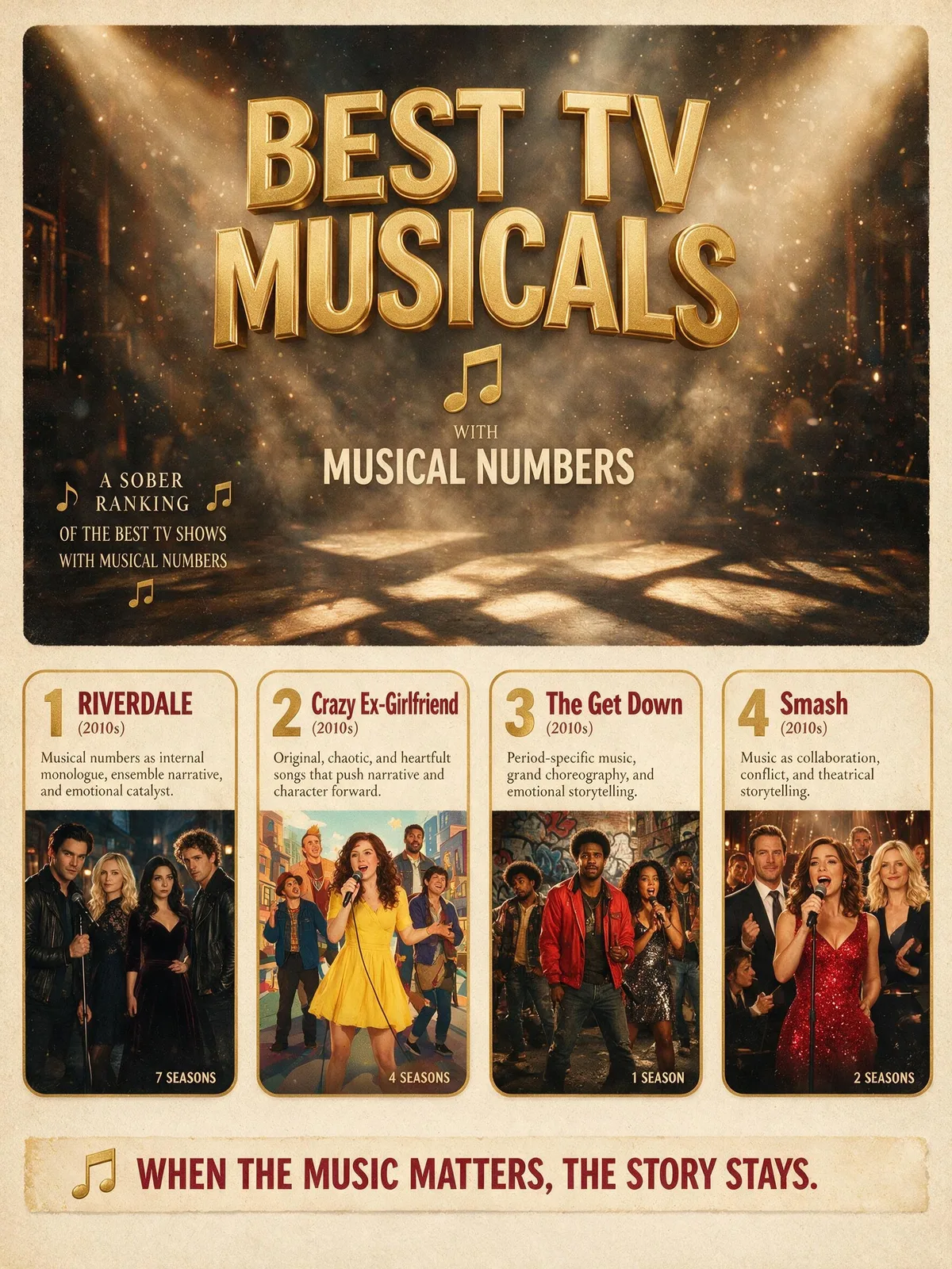 A spotlighted stage microphone beside a row of theater seats, titled Best Series With Musical Numbers.