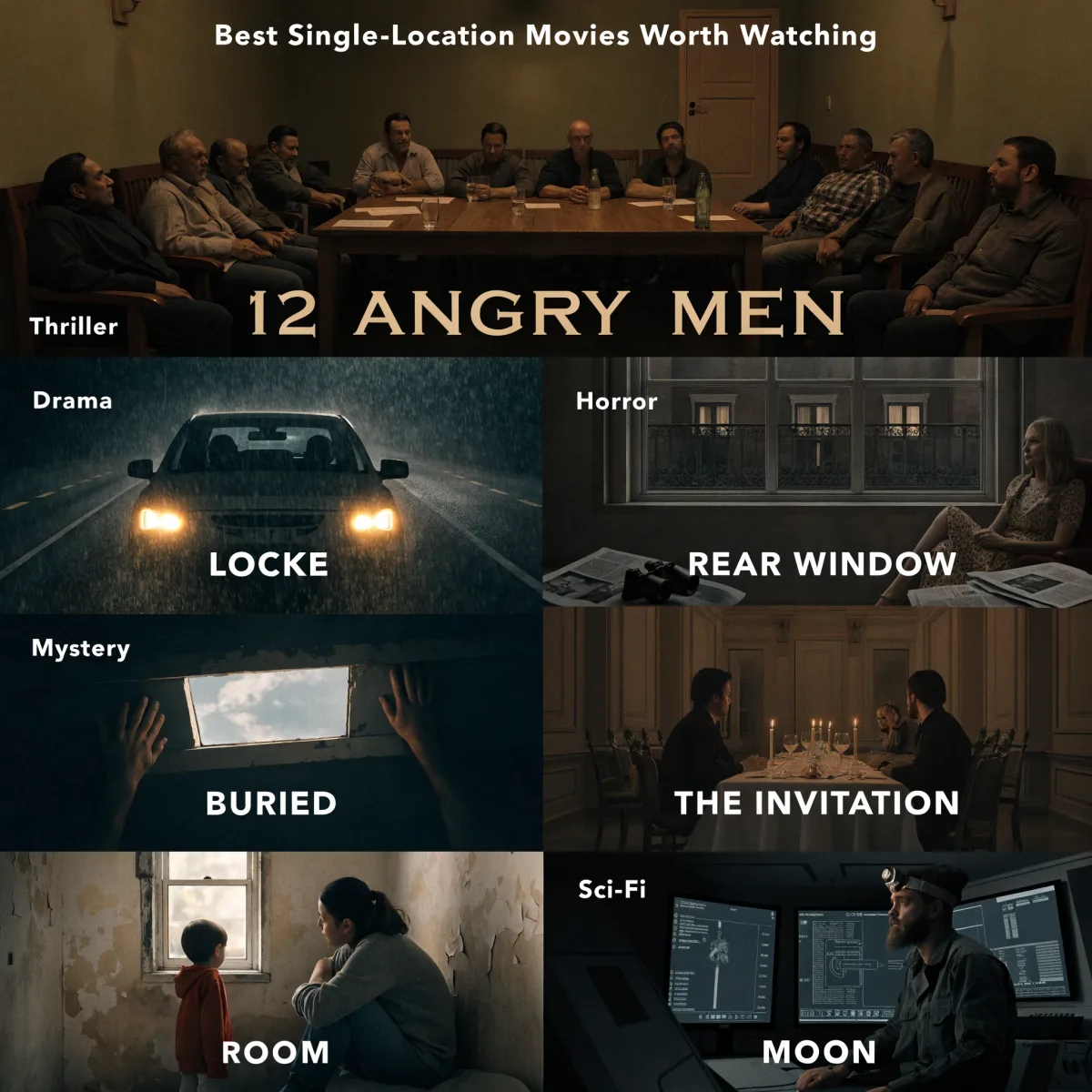 Best Single-Location Movies Worth Watching infographic sorted by genre: 12 Angry Men (thriller), Locke (drama), Rear Window (horror), Buried (mystery), The Invitation (horror), Room, and Moon (sci-fi).