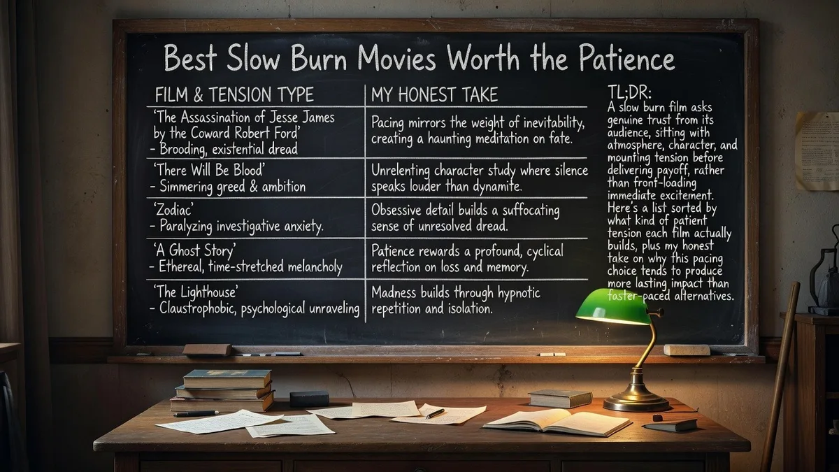 A chalkboard comparing slow burn films by tension type and honest take, titled Best Slow Burn Movies Worth the Patience.