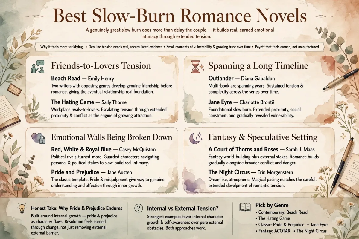 Best Slow-Burn Romance Novels infographic featuring Beach Read, The Hating Game, Outlander, Jane Eyre, Red White & Royal Blue, Pride and Prejudice, A Court of Thorns and Roses, and The Night Circus.