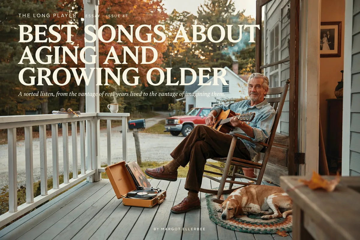 An older man playing guitar on a porch beside a record player and sleeping dog, titled Best Songs About Aging and Growing Older.