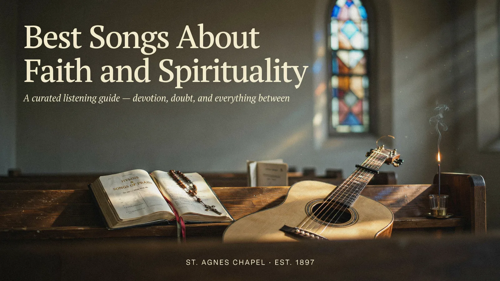 A pair of hands folded in prayer beside a vinyl record and a candle, titled Best Songs About Faith and Spirituality.