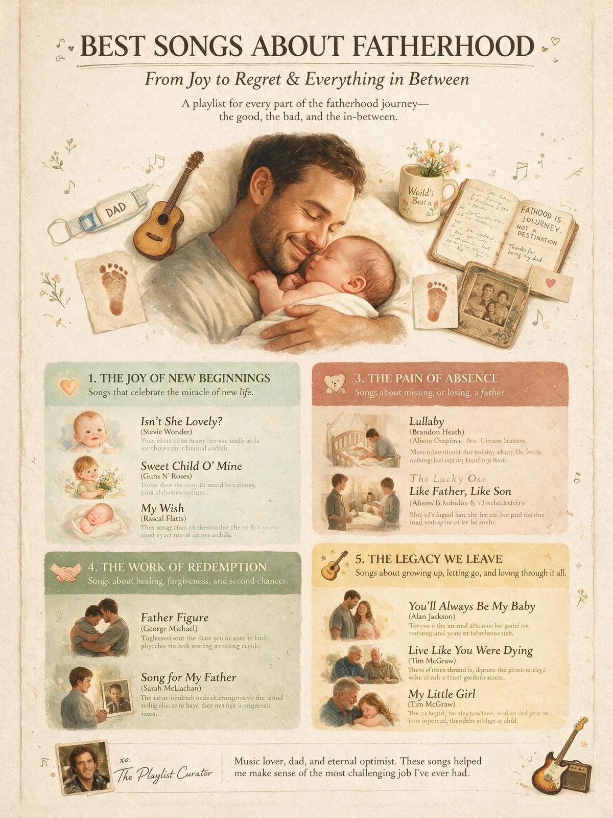 A father and young child's hands linked together beside a vinyl record, titled Best Songs About Fatherhood.