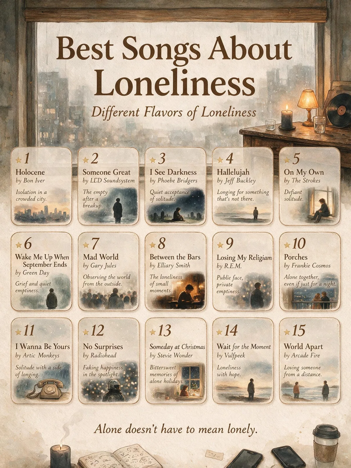 A single figure sitting alone on a park bench at dusk with headphones on, titled Best Songs About Loneliness.