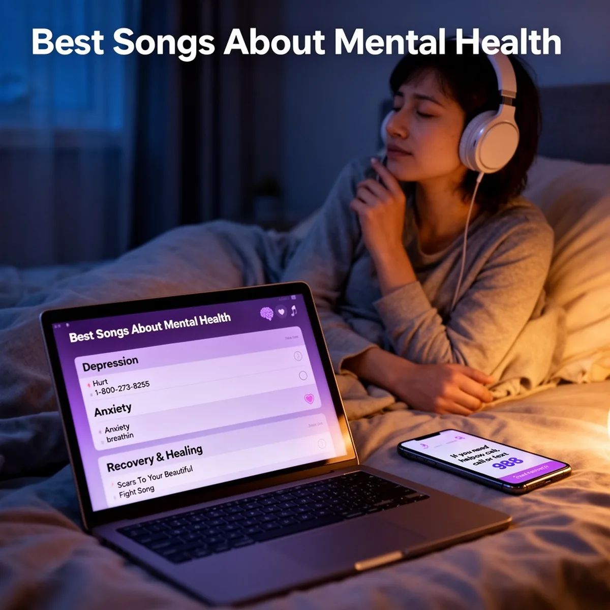 Best Songs About Mental Health hero image of a person listening on headphones, with a phone showing a crisis line and a laptop showing a playlist of songs about depression, anxiety, and recovery.