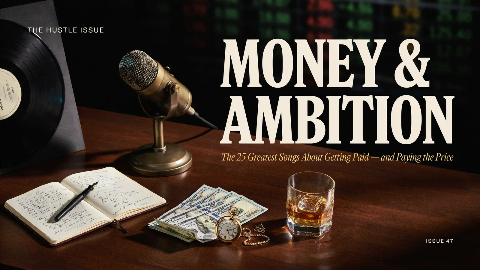 A desk with cash, a pocket watch, a vinyl record and a vintage microphone, titled Money and Ambition, the 25 greatest songs about getting paid.
