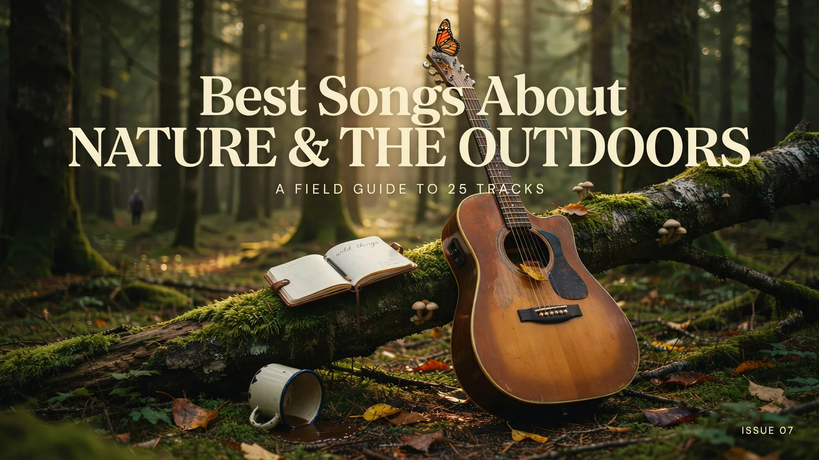 An acoustic guitar leaning against a moss-covered log in a forest beside an open journal and a mug, titled Best Songs About Nature and the Outdoors.