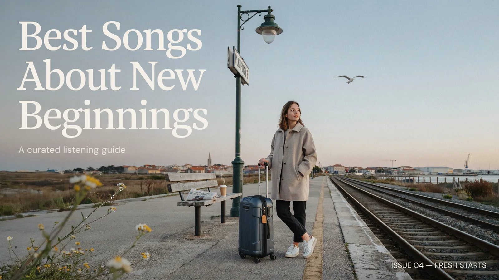 A woman with a suitcase waiting on a train platform at sunset, titled Best Songs About New Beginnings, a curated listening guide.