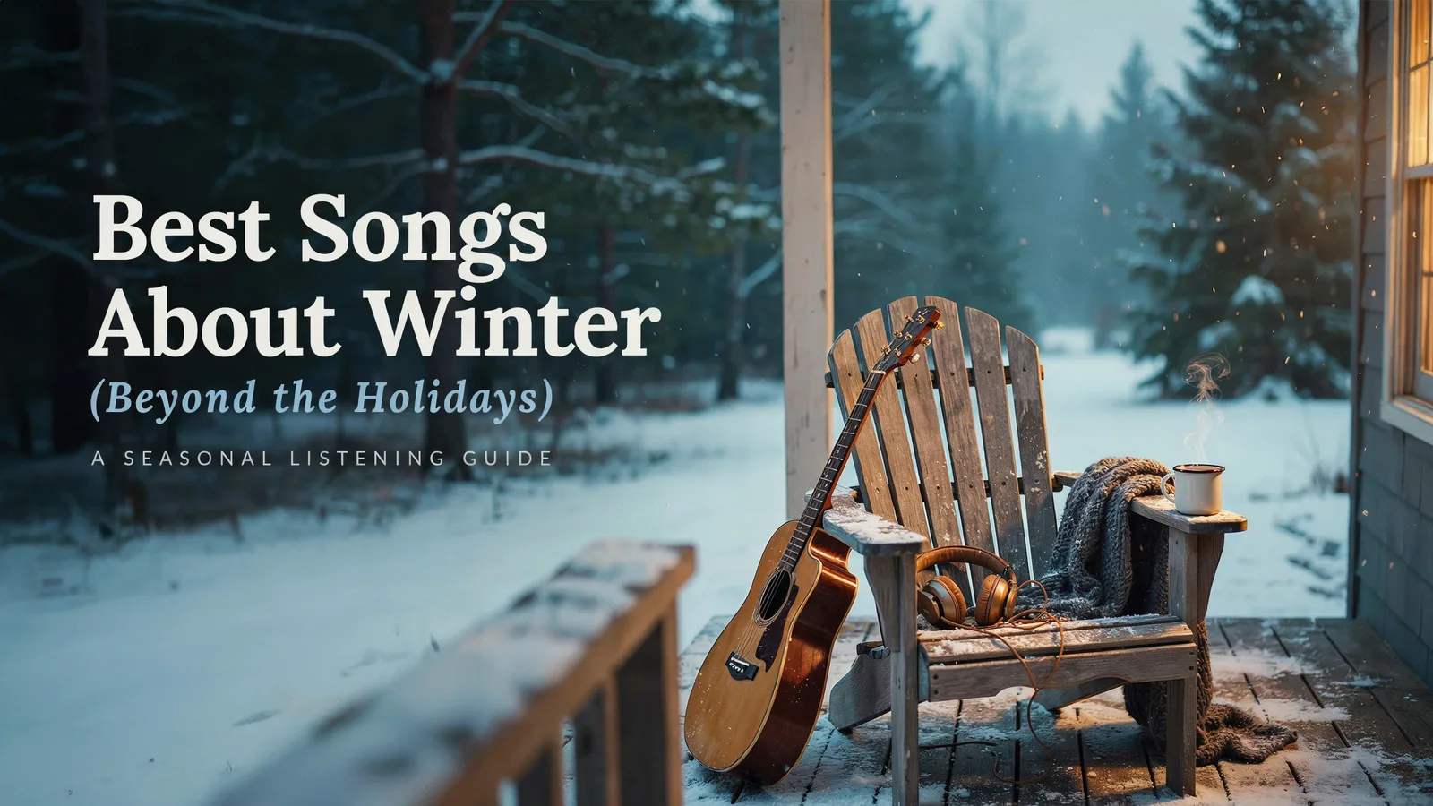 A frost-covered window beside a record player and a steaming mug, titled Best Songs About Winter Beyond the Holidays.