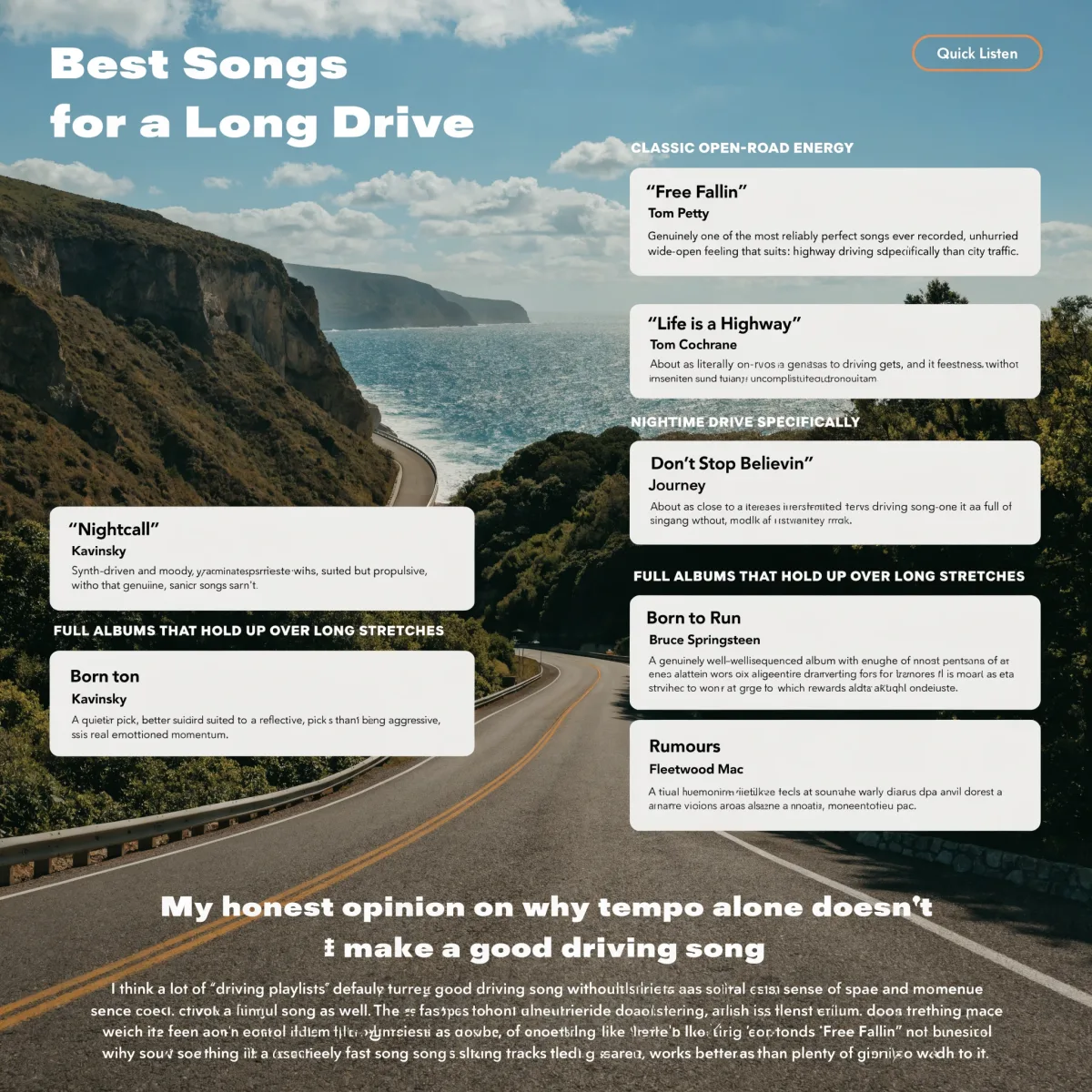 Best Songs for a Long Drive infographic featuring Free Fallin' by Tom Petty, Life is a Highway, Nightcall, Landslide, Born to Run, Rumours, Mr. Brightside, and Don't Stop Believin'.