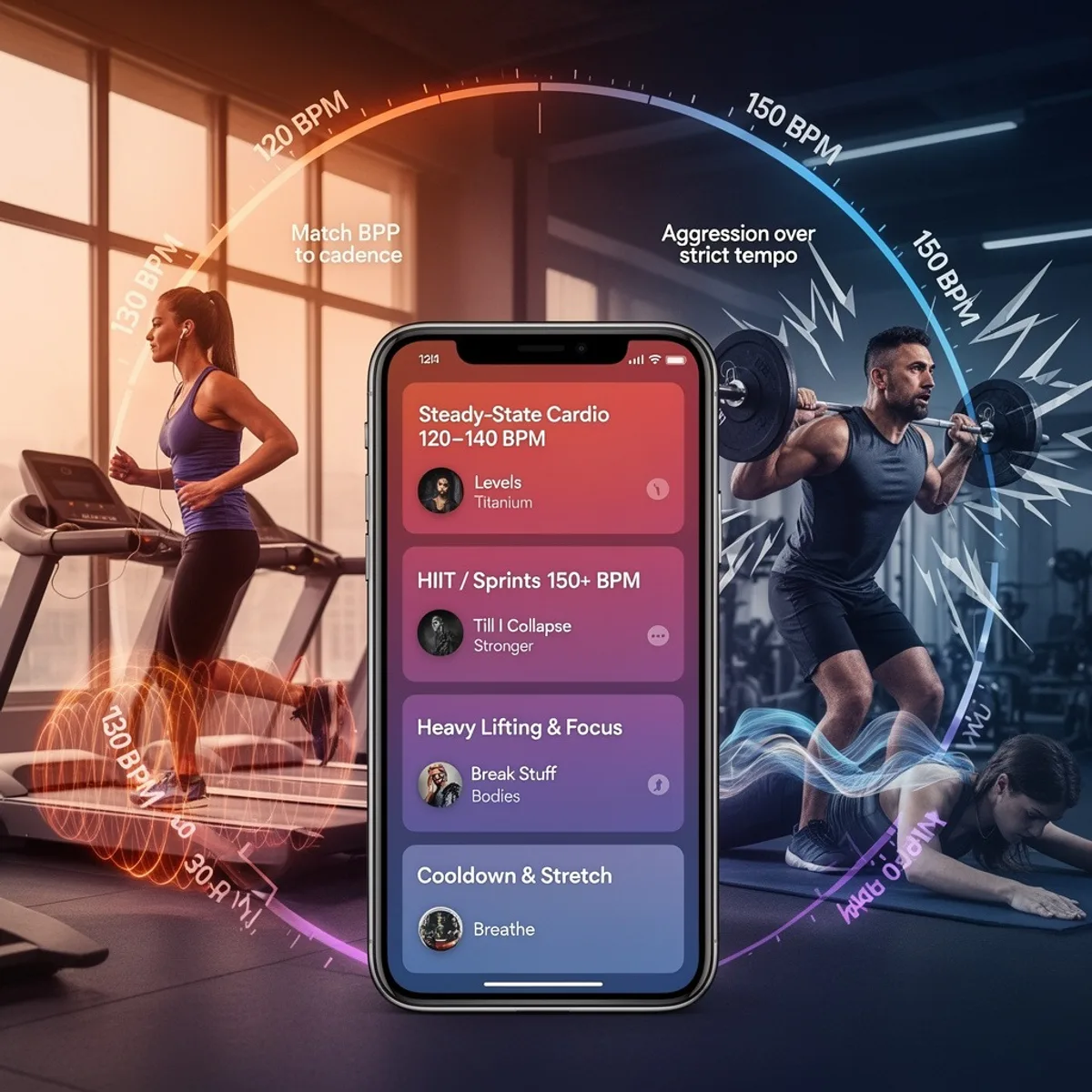Best Songs for a Workout infographic showing BPM ranges for steady-state cardio, HIIT and sprints, heavy lifting, and cooldown and stretch phases.