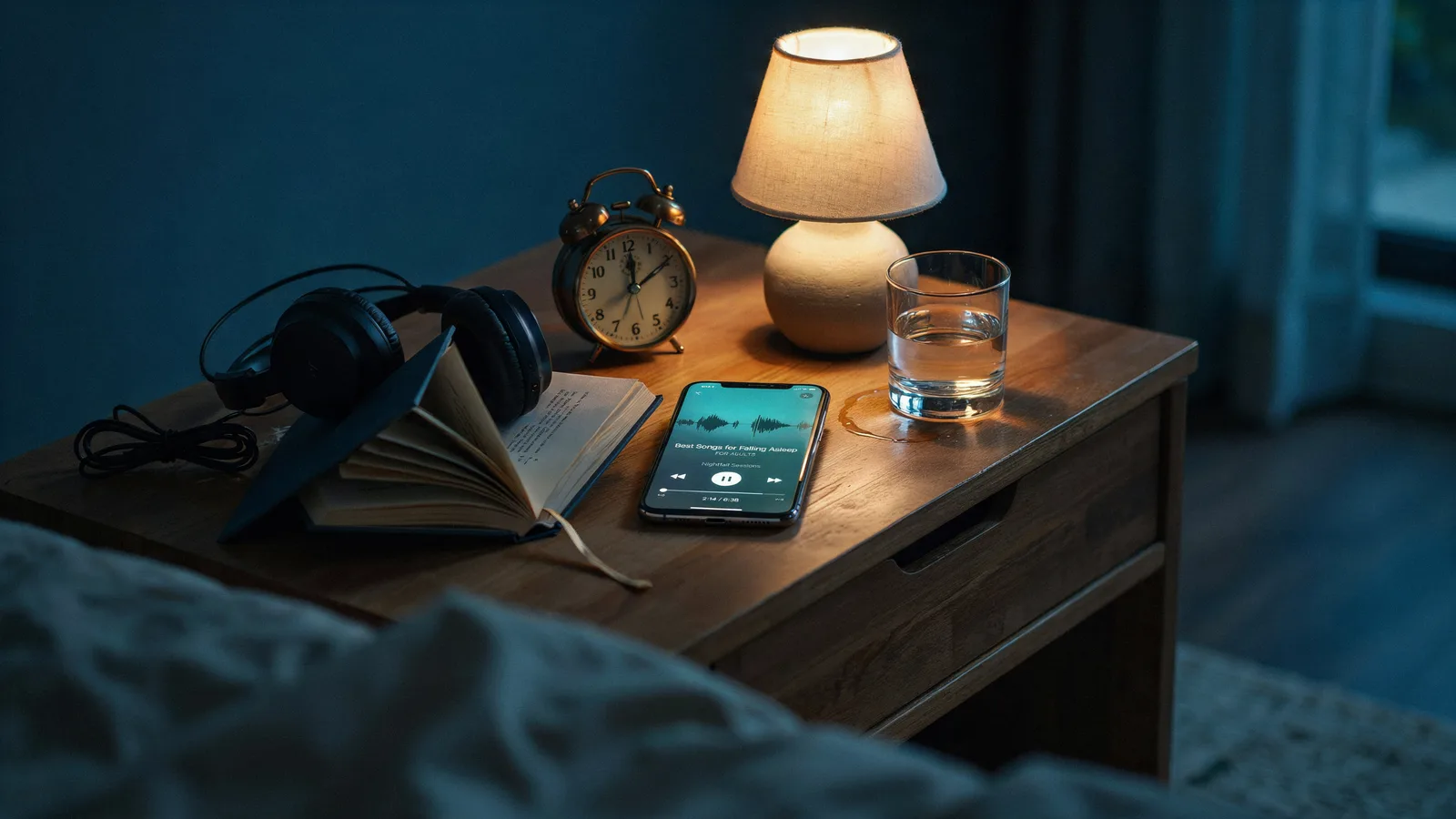 A nightstand at night with headphones, a lamp, and a phone playing Best Songs for Falling Asleep for Adults.