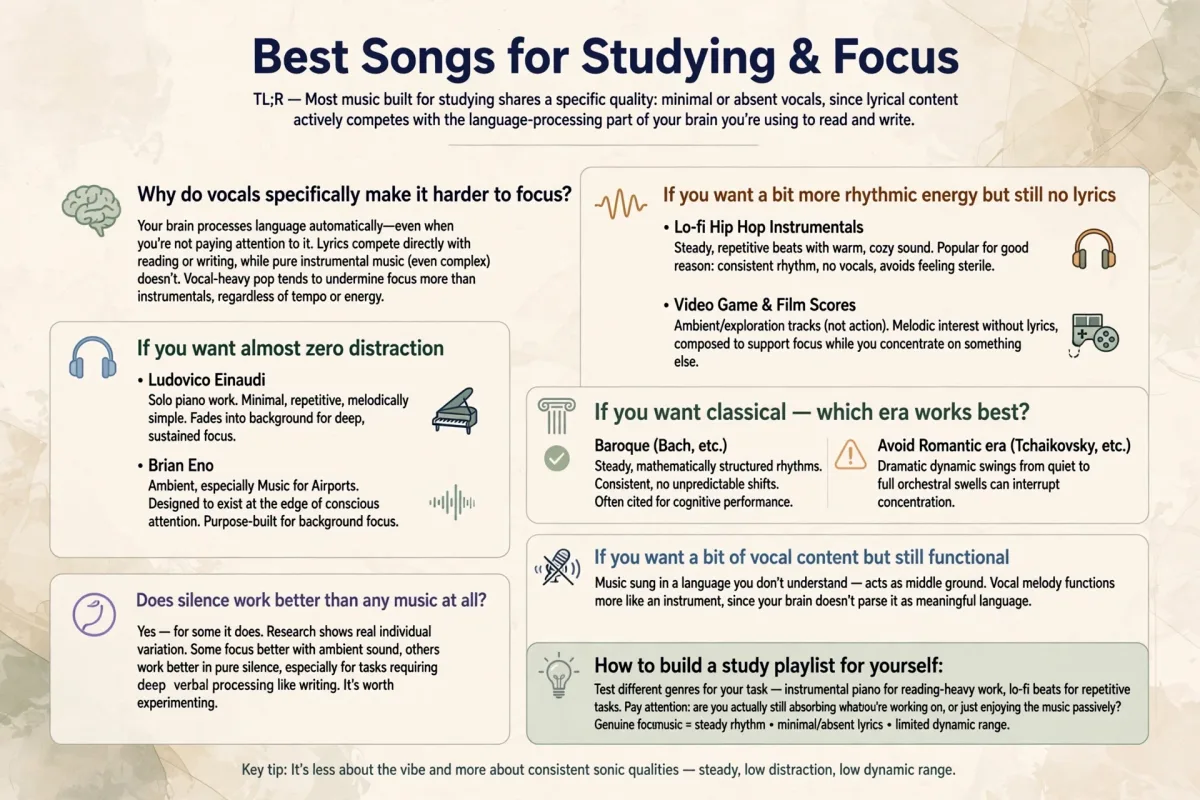 Best Songs for Studying and Focus infographic featuring Ludovico Einaudi, Brian Eno, lo-fi hip hop instrumentals, video game and film scores, Baroque composers, and music sung in unfamiliar languages.