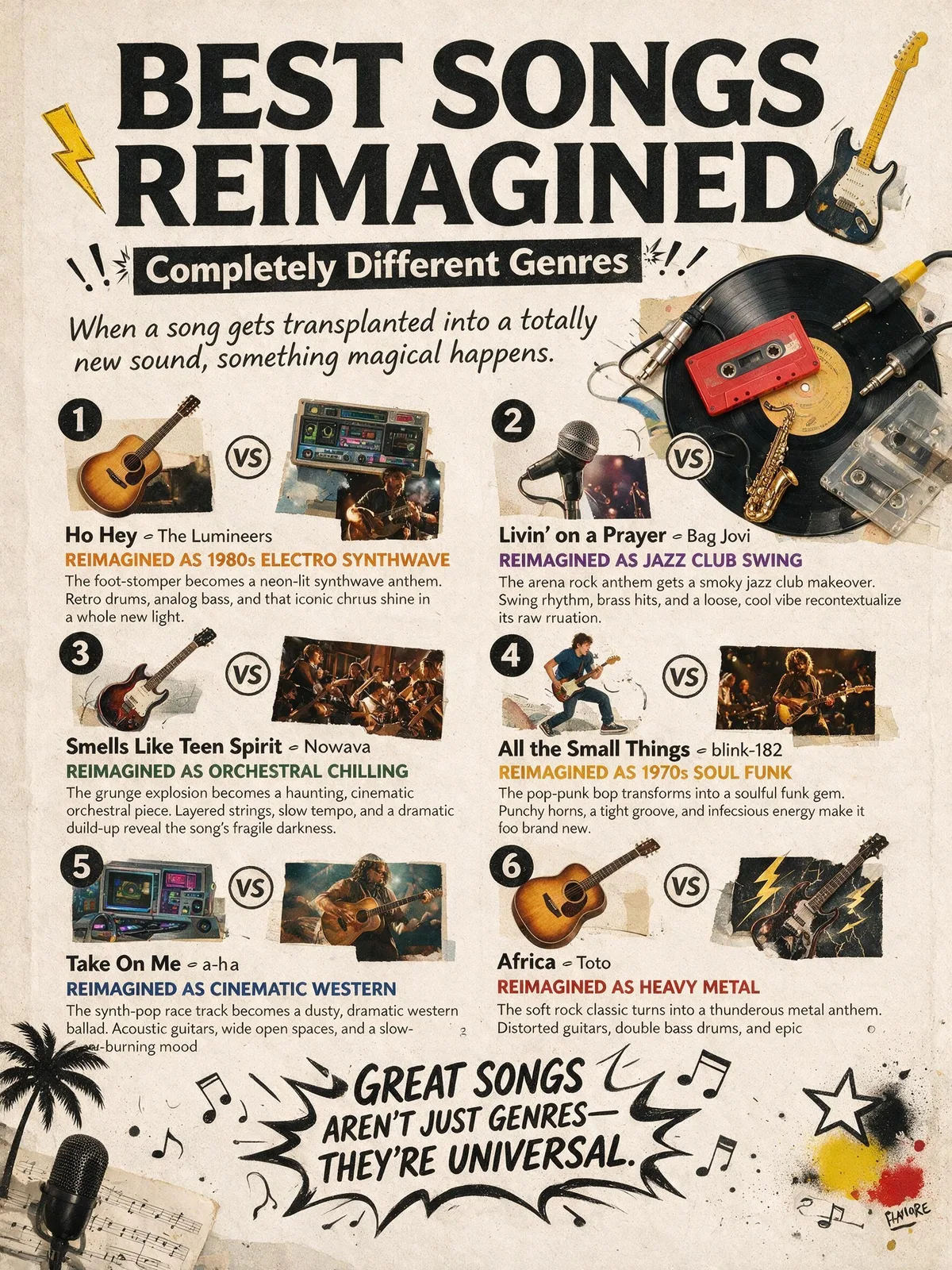Two turntables side by side playing the same record in different styles, titled Best Songs Reimagined in Completely Different Genres.