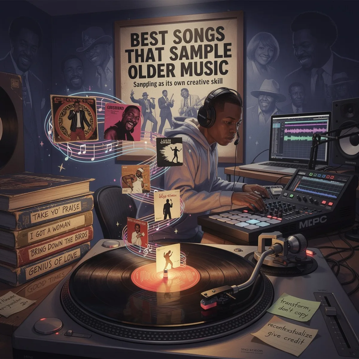 Best Songs That Sample Older Music infographic featuring Praise You, Gold Digger, Ice Ice Baby, Groove Is in the Heart, Fantasy, and Rapper's Delight.