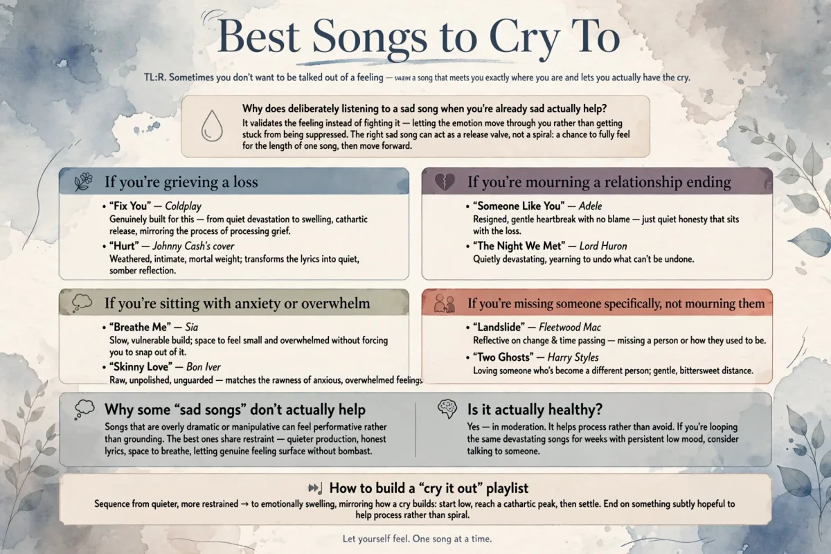 Best Songs to Cry To infographic featuring Fix You, Hurt, Someone Like You, The Night We Met, Breathe Me, Skinny Love, Landslide, and Two Ghosts.