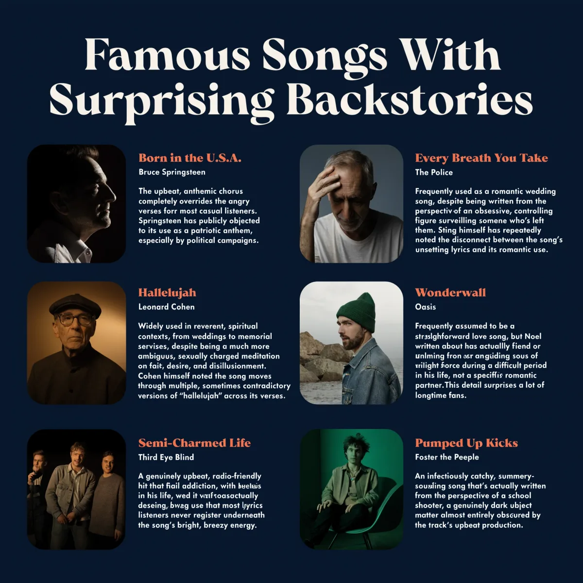 Famous Songs With Surprising Backstories infographic featuring Born in the U.S.A., Every Breath You Take, Hallelujah, Wonderwall, Semi-Charmed Life, and Pumped Up Kicks.