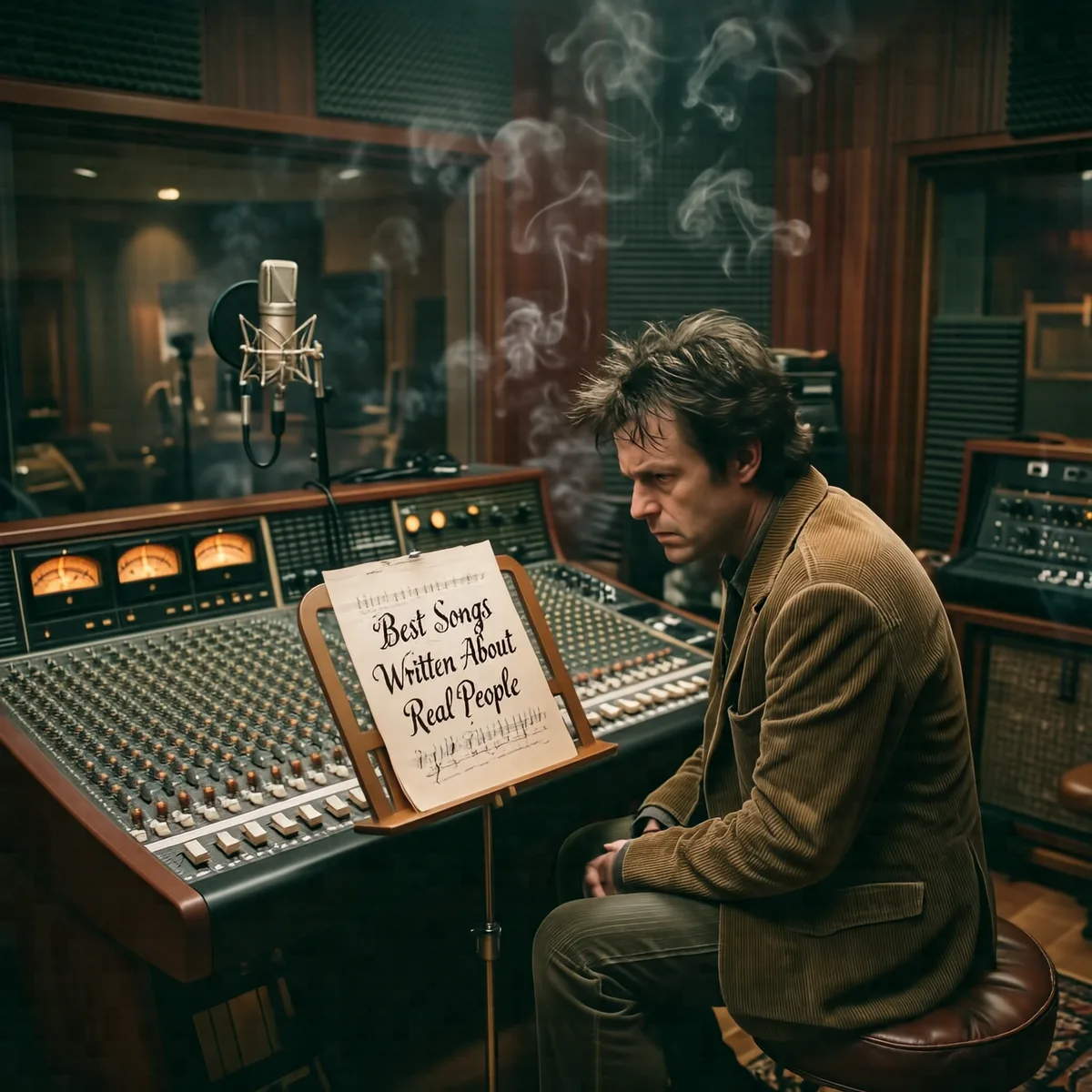 A songwriter in a vintage recording studio beside a mixing console with a note reading Best Songs Written About Real People.