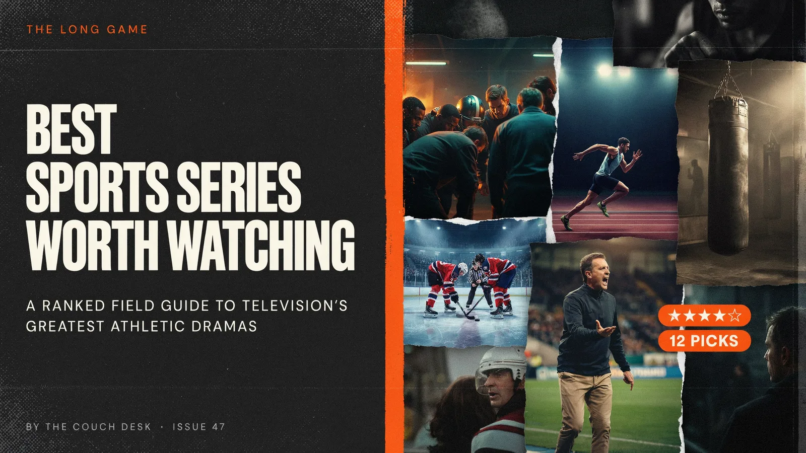 A collage of athletes in action including a football huddle, a sprinter and boxing gloves, titled Best Sports Series Worth Watching.