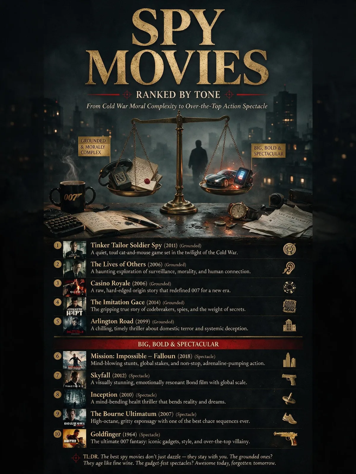 A magazine cover balancing grounded Cold War espionage props against a sports car and gadgets, titled Spy Movies, ranked by tone.