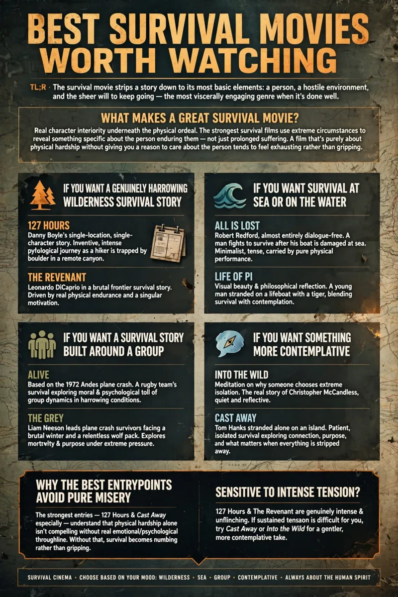 Best Survival Movies Worth Watching infographic featuring 127 Hours, The Revenant, All Is Lost, Life of Pi, Alive, The Grey, Into the Wild, and Cast Away.