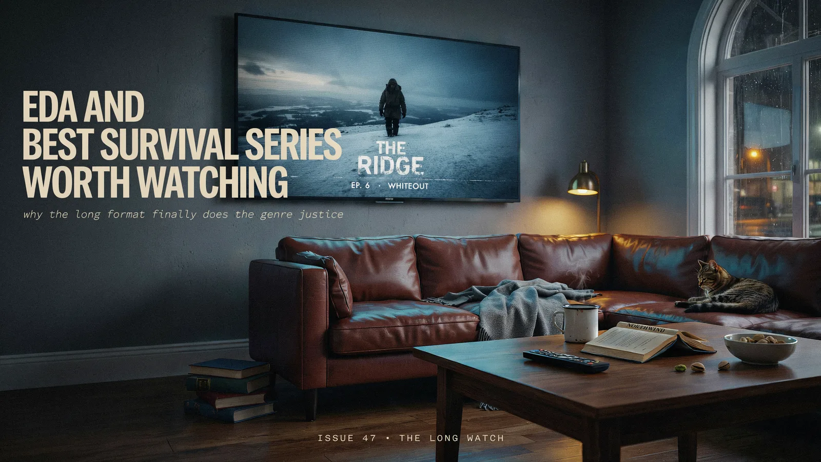 A living room television playing a survival drama called The Ridge beside books and a cat, titled Best Survival Series Worth Watching.