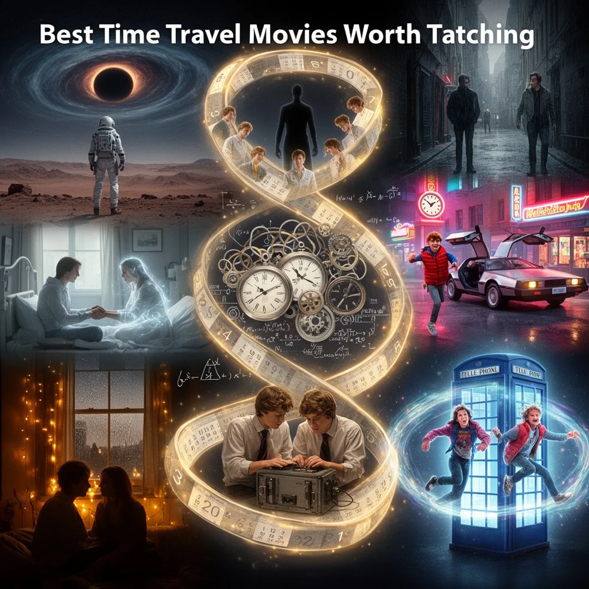 Best Time Travel Movies collage featuring an astronaut on Mars, a DeLorean, a phone booth, gears and clocks, and pairs of characters across timelines.