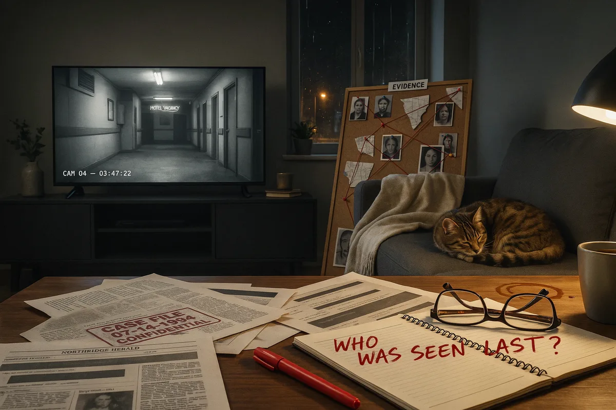 A dark living room with a true crime documentary paused on screen beside a case file marked confidential and an evidence board, titled Best True Crime Docuseries Worth Watching.