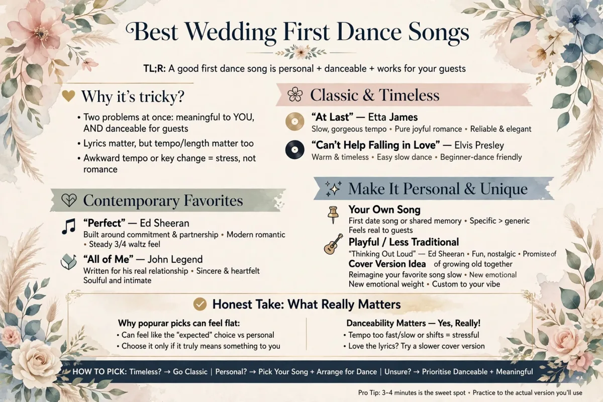 Best Wedding First Dance Songs infographic featuring At Last, Can't Help Falling in Love, Perfect, All of Me, personal meaningful songs, and Thinking Out Loud.